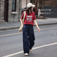 德瑪納【印花休閑短袖】夏復(fù)古印花圖案小寬松圓領(lǐng)短袖T恤女