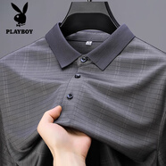 花花公子（PLAYBOY）2025新款夏季短袖T恤男士翻領100%桑蠶絲寬松上衣新款薄款體恤 灰色 L (170)