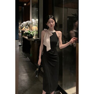 星垂曉霧有女人味的連衣裙夏性感露肩露肩蝴蝶結無(wú)袖連衣裙女夏季法式高級 黑色 L