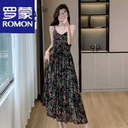 羅蒙（ROMON）茶歇法式碎花吊帶連衣裙女2025夏季新款洋氣減齡顯瘦v領(lǐng)長(cháng)款裙子 吊帶裙 M