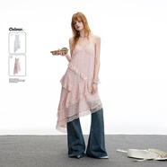 UNIFREE【明星同款】蕾絲吊帶連衣裙不規則純欲中長(cháng)款蛋糕裙 粉色 XL