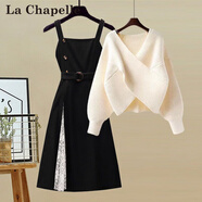 拉夏貝爾（La Chapelle）針織連衣裙女裝新款2025年秋冬裙小個(gè)子氣質(zhì)中長(zhǎng)款兩件套套裝裙子 杏色毛衣+黑色連衣裙 XL [建議120-140斤]