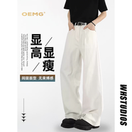 OEMG美式白色牛仔褲子男士春秋夏季cleanfit闊腿百搭休閑直筒拖地長(zhǎng)褲 白色 XL [建議120-135斤]