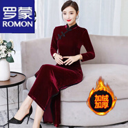 羅蒙（ROMON）輕奢女裝改良旗袍秋冬款復(fù)古金絲絨中國風(fēng)連衣裙長款加絨加厚裙子 酒紅色(款) 加絨 2XL
