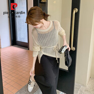 皮爾卡丹時(shí)尚套裝裙女2025早秋新款收腰鏤空針織衫吊帶裙氣質(zhì)兩件套連衣裙 黑色配米黃(套裝） S 【建議 80-95斤】