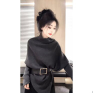姿偉祺新款蝙蝠袖設計感毛衣女時尚小眾針織衫 灰色(+腰帶) S