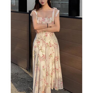 HUALIN FASHION法式氛圍雪紡印花長款吊帶連衣裙溫柔桃花遐想MENGXIANG 綁帶連衣裙 L