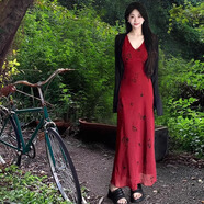 微光里法式紅色吊帶連衣裙女夏季收腰性感辣妹氣質(zhì)背心V領(lǐng)包臀港風(fēng)長裙 御姐印花連衣裙【紅色 L】
