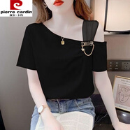 皮爾卡丹（pierre cardin）大碼胖mm200斤設計感網(wǎng)紗拼接斜領露肩短袖t恤女寬松顯瘦夏季上衣 黑色【版】 XL 建議120-130斤