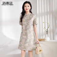 海青藍新中式2025夏季新款時(shí)尚宋錦溫柔氣質(zhì)A字裙顯瘦短袖復古連衣裙 紫色 S
