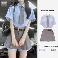 早美（ZaoMei）連衣裙女夏裝茶系穿搭一整套小個子jk制服初戀清純奶甜學(xué)院風(fēng)套裝 條紋襯衣+百褶裙送腰帶 M