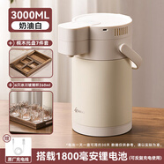 天喜熱水瓶一鍵自動出水熱水壺家用大容量4L按壓氣壓式保溫水壺 奶油白+托盤7件套+6玻璃杯 3000ml