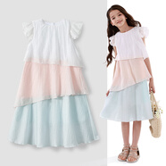 迪士尼女童連衣裙26新款度假淑女夏裝女孩大童洋氣薄款公主長(cháng)裙子 藍粉色 120 cm