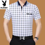 花花公子夏季純棉短袖t恤男士中青年休閑翻領(lǐng)寬松格子百搭體恤大碼爸爸裝 淺藍色 6895 3XL 185