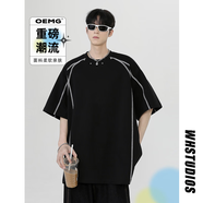 OEMG美式高街短袖t恤男夏季潮牌高級感五分袖寬松休閑設計感重磅體恤 黑色 L [建議100-110斤]
