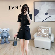 JVH香港潮牌小香風(fēng)短褲套裝女 2025夏季新款休閑百搭短袖高腰闊腿褲 黑色 M