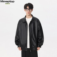 MMOPTOP美式高街PU翻領(lǐng)皮衣夾克男女秋冬季痞帥寬松機車外套MJK04黑色2XL