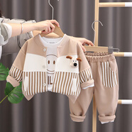 圓圓米米童裝男童套裝秋款嬰兒衣服春裝兩件套0一4歲男寶寶春秋衣服春秋款 KN24107小狗豎條三件套卡其 90 碼（73-80cm）1-2歲