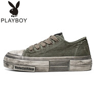 花花公子（PLAYBOY PHYSICAL）時(shí)尚男士復古做舊臟臟鞋男秋夏季厚底增高帆布鞋擦色運動(dòng)休閑板鞋 軍綠 40 收藏聯(lián)系客服送襪子