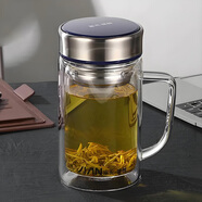 富光 大容量雙層玻璃杯 帶手柄商務男士辦公杯 帶蓋茶杯 藍色 380ml