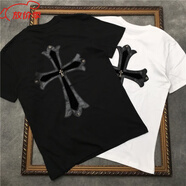 克羅心艦旗夏季新款立體刺繡PU皮質(zhì)克羅心十字架梵文金屬T恤重工店 黑色 黑色 S