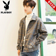 花花公子官方夾克男士外套春秋毛呢格子ins流行新款男裝原宿風(fēng)棒球服上衣 灰色 M 建議80-100斤