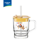 樂唯詩 玻璃杯吸管杯玻璃水杯牛奶杯杯子帶蓋早餐杯牛奶杯咖啡杯 樂享方圓吸管杯【快樂狗】400ml