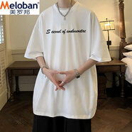 美羅邦（Meloban）重磅美式潮牌字母印花短袖男夏季新款純棉大碼寬松半袖上衣男女生 白色(重磅純棉) M 建議【80-100】斤
