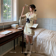 織物豬 芝士奶酪 miu系學院風泡泡袖連衣裙女夏季甜美千金短裙子 短袖連衣裙 M 95-105