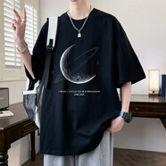 HUALIN FASHION夏季新款寬松大碼棉恤男士潮牌休閑半袖體恤 DX17246B黑色 M  約80-110斤可穿