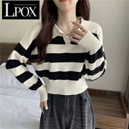 LPOX翻領條紋針織衫女秋季上衣女長袖打底衫小個子韓版短款毛衣潮 白色條紋 L 建議105斤-115斤