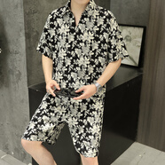 短袖套裝男休閑冰絲短褲夏季2025年新款時(shí)尚兩件套搭配男裝衣服 小碎花 XL (125-130斤)
