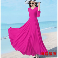 咚憬大擺裙五分袖純色V領(lǐng)中長(cháng)款雪紡連衣裙過(guò)膝度假沙灘裙大碼長(cháng)裙 玫紅色長(cháng)袖 M