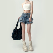 衣然呈品半身裙女士夏季新款美式高街潮牌高腰a字蓬蓬荷葉邊牛仔蛋糕裙女 藍色 M 【建議90-105斤】