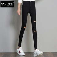 NY-RCE打底褲女加絨2025秋冬新款外穿黑色加絨小腳高腰顯瘦百搭鉛筆黑褲 破洞單扣長(cháng)褲(春秋款) L 適合106~115斤