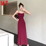 莜仙格辣妹高腰吊帶連衣裙夏季2025新款收腰顯瘦露肩內(nèi)打底長款拖地長裙 酒紅色 2XL 建議133-145斤