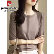 皮爾卡丹（pierre cardin）紫色圓領(lǐng)五分袖冰絲針織衫毛衣女春秋季新款正肩中袖打底上衣薄 2024啡駝色針織 面料2025 S 【建議80-100斤】