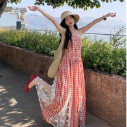 凰巣抹胸連衣裙女法式格子蕾絲拼接2025夏季新款氣質(zhì)收腰顯瘦中長(cháng)裙 紅色格子M （115斤內）