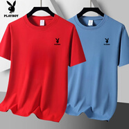 花花公子（PLAYBOY）（兩件裝）純棉短袖T恤男夏季新款男士短袖圓領(lǐng)寬松半袖體恤上衣 紅色+霧霾藍 XL 【120-130斤】