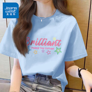 真維斯（JEANSWEST）100%全棉短袖女款夏季2025新款寬松小個(gè)子韓版t恤女裝落肩半袖衫 天藍 絢爛星星_Z L