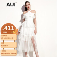 AUI 女神范連衣裙女夏2023新款氣質(zhì)名媛拼接網(wǎng)紗一字肩掛脖裙子 白色 S