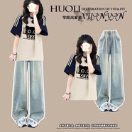 MZPLOI插肩袖三條杠短袖T恤女大童夏裝學(xué)生寬松圓領(lǐng)上衣+牛仔褲兩件套裝 藏青拼杏上衣+牛仔褲【套裝】 S 【建議 70-90斤】