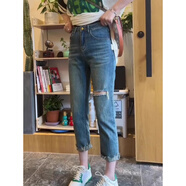 以純 YISHION2025年夏季胖mm破洞牛仔褲女修身高彈小個(gè)子八分薄款老爹褲小腳褲 藍(lán)色【九分】 L 建議穿100-120斤
