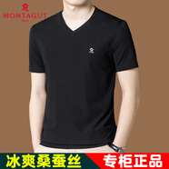 夢(mèng)特嬌桑蠶絲短袖T恤男士夏季圓領(lǐng)純色百搭中年高端寬松薄款打底衫上衣 M6812V領(lǐng)-黑色 M 165/M【建議100-120斤】