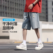 石頭剪子布男大童牛仔夏季短褲薄款2025新款胖童寬松加肥加大男孩夏裝五分褲 藍色 160