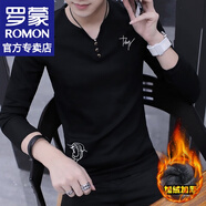 羅蒙（ROMON）長(zhǎng)袖T恤男春季新款韓版時(shí)尚印花V領(lǐng)體恤加絨加厚上衣服打底衫男裝 670黑色 加絨 L （約100-120斤可穿）