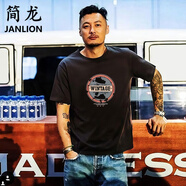 簡龍夏季新款潮牌印花短袖上衣男裝純棉水洗青年半袖t恤國潮寬松大碼 黑色 大球鞋【長絨棉100%】 5XL 【建議190-210斤】