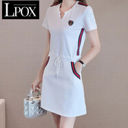 LPOX有口袋200斤短袖連衣裙女中長款遮肚小個(gè)子運(yùn)動休閑裙夏 白色 M _建議80-100斤