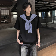 普戈斯（PUGESI）假兩件格子拼接短袖T恤男ins潮牌痞帥半袖學(xué)生高街美式運動(dòng)體恤衫 黑色 M