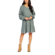 Mud Pie 女士棉質(zhì)連衣裙 泡泡袖中長(cháng)款 純色圓領(lǐng) 成人款 Green 大